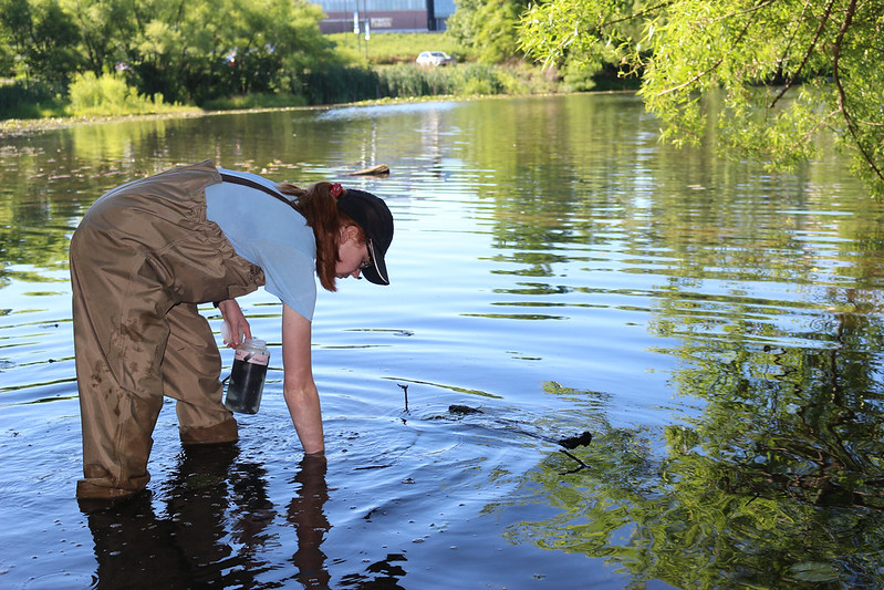 biology students in lake