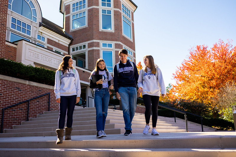 students on library steps