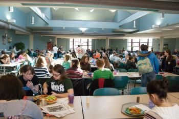 interior of marketplace with lots of students seated at tables
