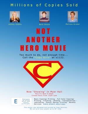 sample of post showing a spoof of hero movie poster showing copy staff